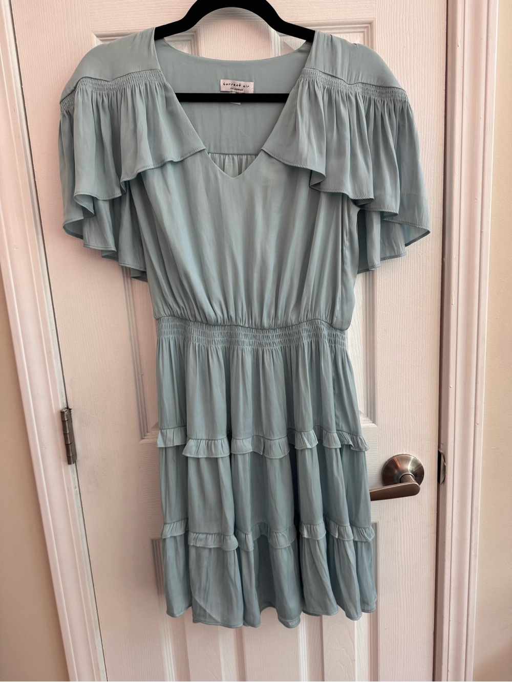 CURRENT AIR • ANTHROPOLOGIE Caped Sleeve Tiered Mini Dress Blue Size XS